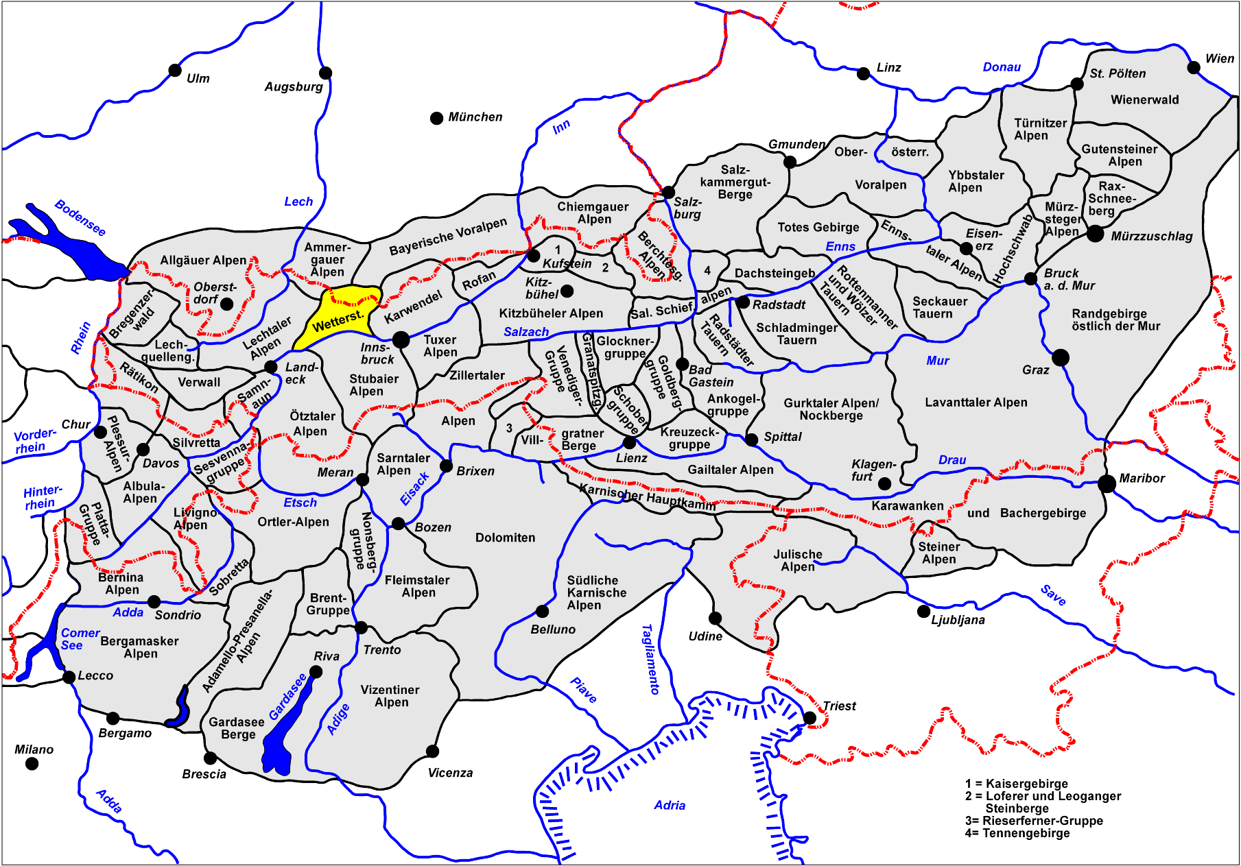 Die Gebirgsregion Wetterstein / Mieminger Gebirge zeichnet sich durch steile Felswände und sanfte Almen aus.